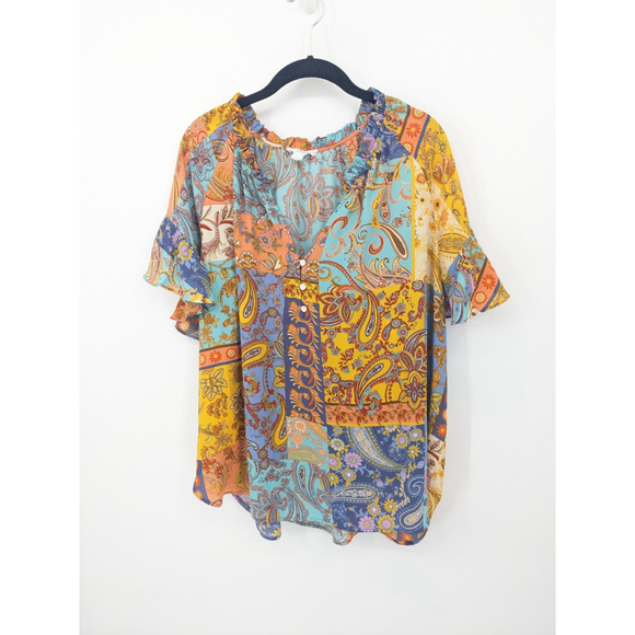 Cynthia Rowley Blouse Women Plus 2X Colorful Patchwork Boho Summer Granny Ruffle - Picture 7 of 12